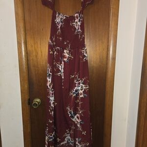 Floral Burgundy High- Low Maxi Dress with Smocked Bodice